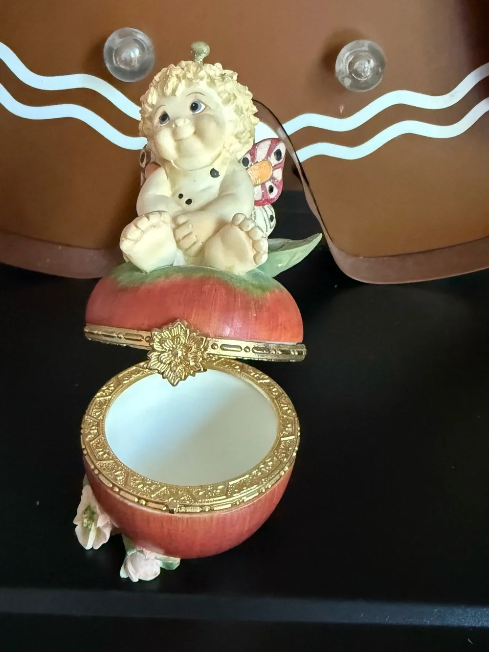 Vintage 1980’s Cherub Fairy Trinket Box on Red Apple - Decorative Home Accent